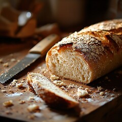 Sticker -   Buttered loaf of bread on wooden cutting board with knife