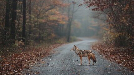 Wall Mural -   Lone wolf standing beside road, surrounded by trees and foliage