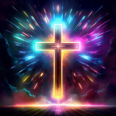 Wall Mural - Cross neon light, on a dark background