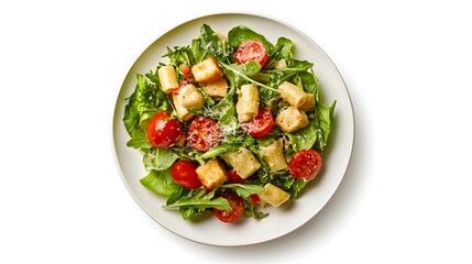 Fresh caesar salad with arugula, cherry tomatoes, and croutons on white plate