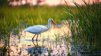 Poster -   A white bird perched atop lush greenery next to a serene water body