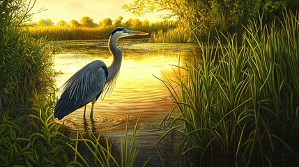 Poster -   A bird standing in water with tall grass and reeds, bathed in sunlight