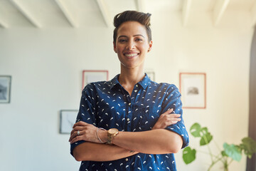 Poster - Arms crossed, creative and portrait with designer woman in office for professional agency management. Artistic, business and startup with happy employee in design workplace for ambition or career