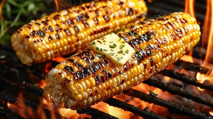 Sticker -   A close-up of two corn on the cob with melted butter on top, grilled over BBQ