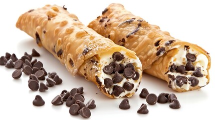 Two cannoli with chocolate chips and ricotta filling isolated on white background.