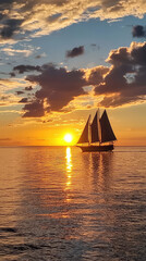 Wall Mural - A beautiful sunset over ocean with sailboat silhouette