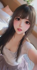 Beautiful, cute Japanese girl in a selfie photo. She is wearing a short-sleeve top and skirt, with long brown hair with bangs. 