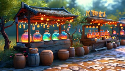 Wall Mural - Enchanting village festival featuring holographic potions and AI-driven performances in a vibrant fantasy landscape