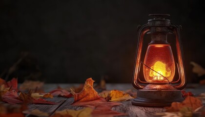 Sticker - Glowing Lantern with Autumn Leaves on Wooden Table