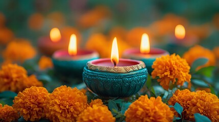 Wall Mural - Diwali oil lamps on floral background