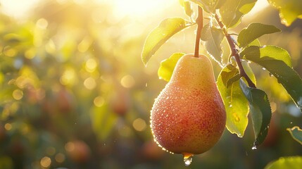 Poster -   A pear dangling from a tree, adorned with water beads, bathed in golden sunlight