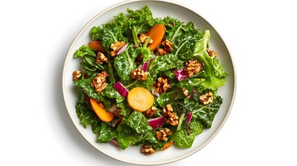 Fresh kale salad with walnuts, carrots, and red cabbage on white plate