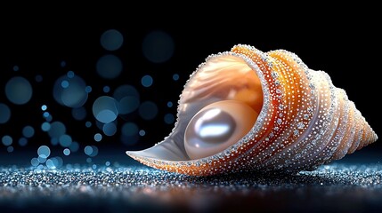 Wall Mural -   Close-up of seashell with pearls on blue surface against dark background