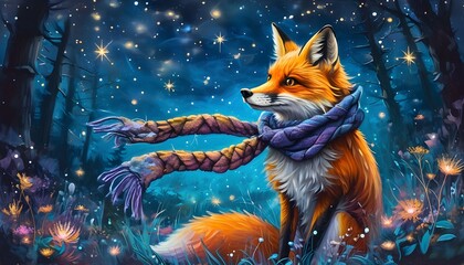 Wall Mural - Enchanted fox in a mythical forest wearing a magical scarf beneath a starry night sky