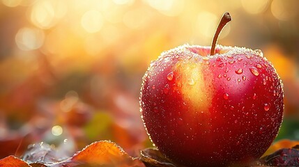 Wall Mural -   Red apple on leaf pile with water droplets