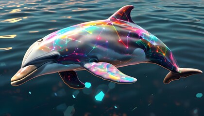 Futuristic dolphin leaping through a vibrant ocean of holographic geometric shapes in a stunning digital art landscape