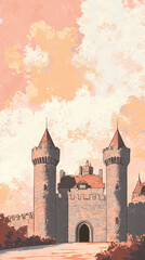 Wall Mural - A historic castle with turrets stands majestically against pastel sky