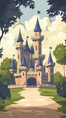 Wall Mural - A simple illustration of historic castle with turret, surrounded by trees and clouds