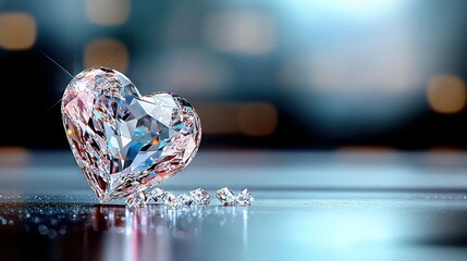 Wall Mural -   A close-up of a heart-shaped diamond glistening on a reflective surface surrounded by soft diffused light