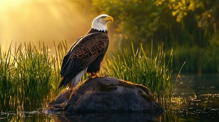 Wall Mural -   A majestic bald eagle perched atop a rock, overlooking a tranquil body of water surrounded by lush grass and towering trees