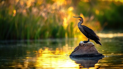 Wall Mural -   Bird perched atop rock amidst tranquil lake surrounded by lush green foliage