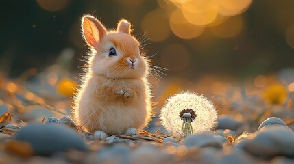   A small brown-white rabbit sits beside a dandelion on a rocky field, with the dandelion prominently featured in the foreground