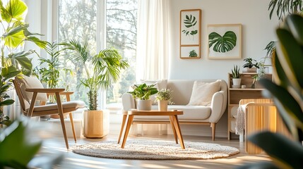 A cozy living room with mid-century modern furniture and plants. The white walls and sun shining through the window create a warm and inviting atmosphere