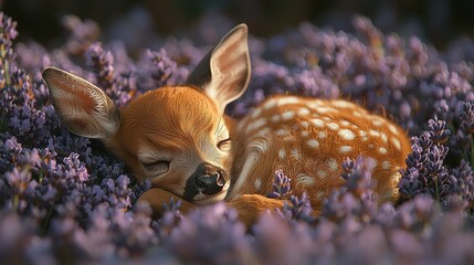 Wall Mural -   A baby deer rests its head on its hindquarters amidst a field of vibrant purple flowers