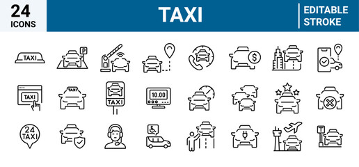 Taxi service web line icon set. Transport, driver, passenger on travel, Taxi Sign. Rank