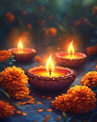 Wall Mural - Diwali oil lamps with marigolds