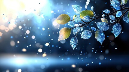 Canvas Print -   A close-up image of a tree branch adorned with leaves, displaying water droplets, against a backdrop of the sky