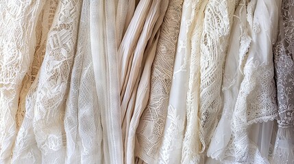   Close-up of diverse lace varieties on a rack with a clock centered