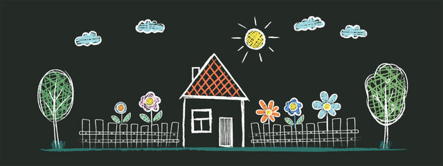 Wall Mural - A house, a sun, a tree, a flower. Drawings made by a child's hand with chalk on asphalt or school blackboard.   White and colored lines on a dark green background