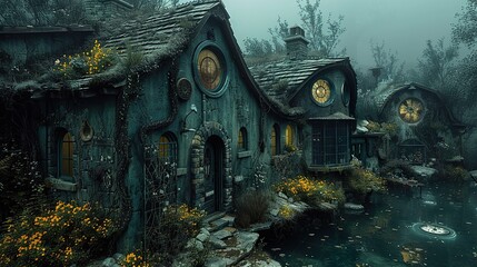 Poster - Enchanted Cottage in a Misty Forest - Fantasy Architecture