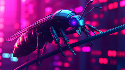 Wall Mural - Futuristic Cyberpunk Insect Robot in Neon Lights - Digital Art