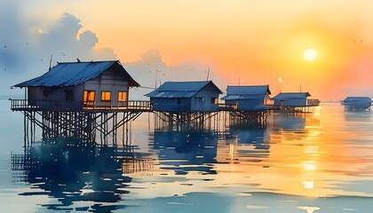 Tranquil watercolor landscape of floating village with interconnected platforms under a serene sunset