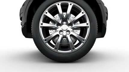 Black car wheel with chrome rim and brake disc on a white background.