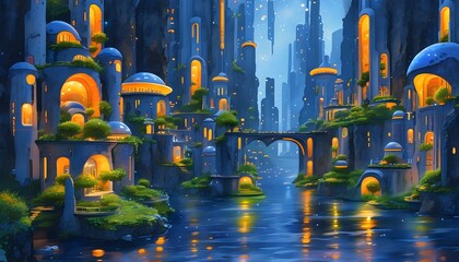 Wall Mural - Luminous Flora and Gravity-Defying Architecture in a Futuristic Enchanted Town Under an Ethereal Night Sky in Watercolor Style