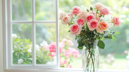 Wall Mural -   A vase with pink roses on a window sill beside a pink flower-filled window sill