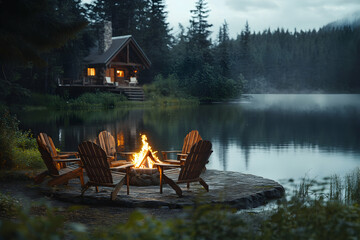 Wall Mural - A cozy campfire by the lake with a cabin in the background.