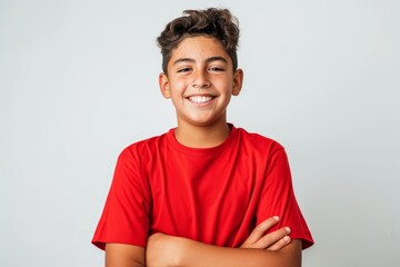 Teenager boy wearing red t-shirt over white isolated background happy face smiling with crossed arms looking at the camera. Positive person, Generative AI