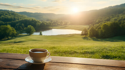 Wall Mural - Morning coffee on a wooden table with a scenic view of a valley, lake and forest.