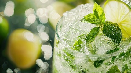 Sticker -   A close-up photo captures an elegantly styled mojito cocktail served in a tall glass The image showcases the refreshing beverage's vibrant lime slices