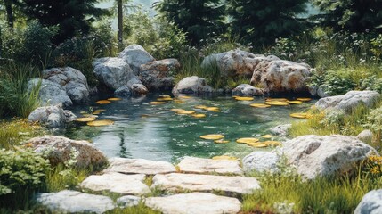 Serene Forest Pond with Stone Pathway and Lily Pads