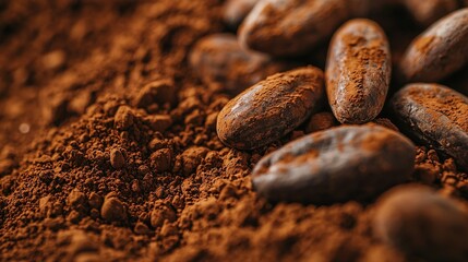 Poster -   A mound of cocoa beans atop another mound of cocoa beans, which rests on top of a heap of ground cocoa beans