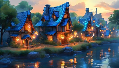 Wall Mural - Whimsical Fantasy Village with Crystal-Powered Homes and Glowing Lanterns in Vibrant Watercolor Style