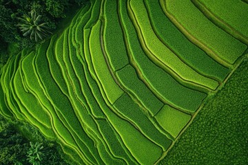 Wall Mural - Aerial view of lush green rice fields with geometric patterns, showcasing agricultural landscapes