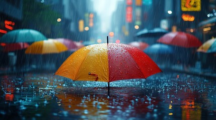   A person holding both red and yellow umbrellas amidst urban rain, surrounded by towering structures and illuminated cityscape