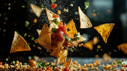   Tortilla chips flying in the air, topped with juicy tomatoes and fresh cilantro