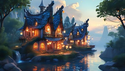 Wall Mural - Whimsical Fantasy Village with Crystal-Powered Homes and Glowing Lanterns in Vibrant Watercolor Style